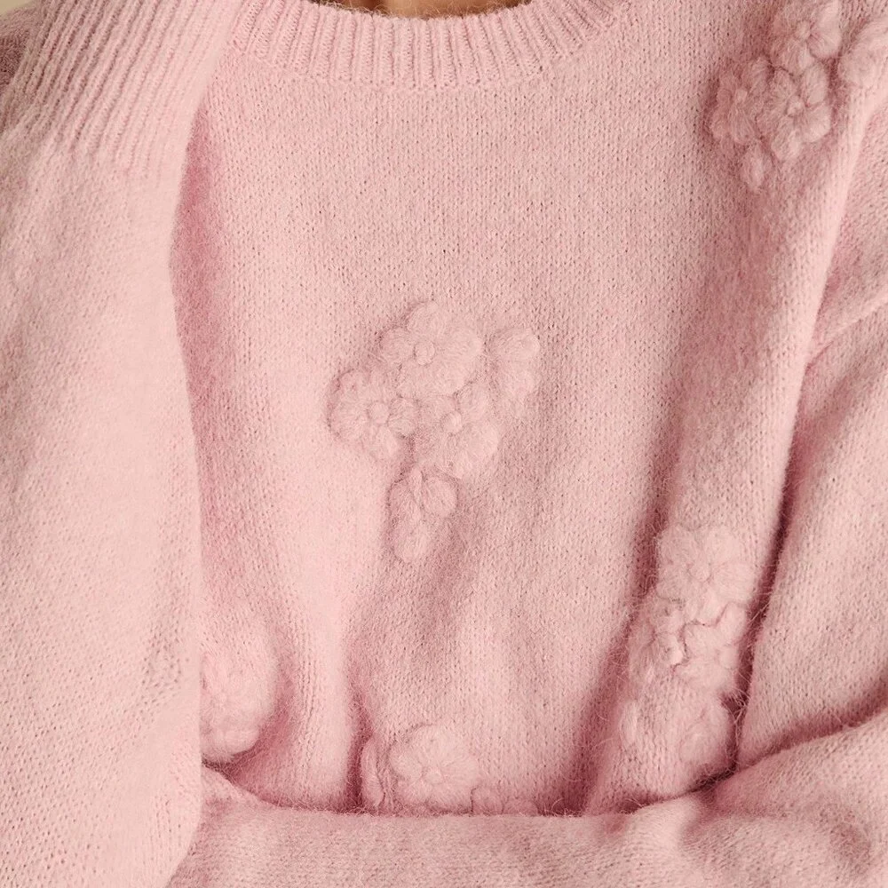 Pink Romantic Women's Pastel 3D Flowers Embroidered Long Sleeve Cute Sweater
